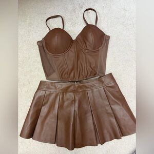 2 Piece Set - Brown Faux Leather Pleated Mini Skirt & Leather Corset